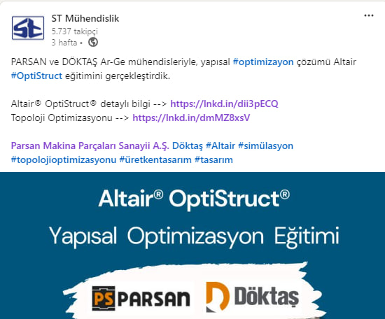 ROYAL_Investing's tweet image. Ar-Ge mühendislerimiz dünyada simülasyon konusunda lider şirketlerden @Altair_Inc @ST_muhendislik ile #OptiStruct eğitimi alıyor.

#DOKTA #PARSN

altair.com/optistruct
s-t.com.tr/index.html
s-t.com.tr/altair_optistr…