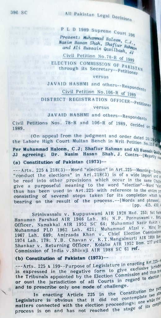 MalBokhari's tweet photo. The  historic case Reserved Seats case concerning the right to representation of women belonging to Pakistans largest political party is being heard in the Supreme Court.

My two cents on an important legal point: The word ELECTED in Article 51(6)(d) of the Constitution and the word ELECTION in Section 104(1) of the Elections Act, are liable to be construed  in the same fashion as word ELECTION in Article 225 of the Constitution, as per the applicable jurisprudence which is to be found in ECP v Javed Hashmi PLD 1989 SC 396, according to which the word ELECTION covers the entire process from the issuance of the election schedule til the notification of the ECP returning a candidate. The words "ELECT" and "ELECTION" in etymology have the same roots. Thus, according etymological principles they have to be construed to have same or similar meanings. 
Thus, when the independents joined the SIC and this was notified by ECP, then by no connotation could it be construed that SIC never participated in the election. In other words where a political party participates in even one step of the entire electoral process, it has to be construed to have participated in elections.  Having come to the conclusion that SIC participated in the elections as its members are now MNAs/MPAs, the consequential effect is that SIC is now to be conferred the Reserved seats which were earlier stolen. Any other interpretation would equip the other parties with unjust enrichment which is against Articles 3,4,10A, 17 and 25 of the Constitution. 

Good luck to the brave warriors of PTI who rightfully deserve these seats❤️
