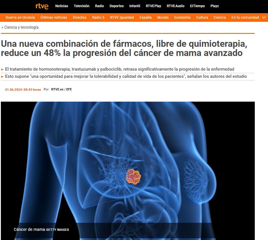 _SOLTI's tweet photo. La nueva combinación libre de quimioterapia testada en nuestro estudio PATRICIA (cohorte C) reduce un 48% el riesgo de progresión y mejora la tolerabilidad en un grupo de pacientes con cáncer de mama avanzado seleccionadas molecularmente.

👀👇 Una selección 📰 con todos los detalles sobre estos resultados, que ha presentado nuestra vicepresidenta @evaciruelos este fin de semana, durante el congreso de @ASCO (American Society of Clinical Oncology) #ASCO24 👇 

🔗 @LaVanguardia  ➡️https://t.co/U6dns7ERc2
🔗 @rtve ➡️ https://t.co/OM0C9VxtYq
🔗 @diariomedico ➡️ https://t.co/ufOoYaiz6r
🔗 COPE➡️ https://t.co/mkxenfHsR1
🔗@20m➡️https://t.co/OL9U2F1B7h
🔗 @el_Periodico ➡️ https://t.co/cNaIBAMlkN
🔗 @DiarideGirona ➡️https://t.co/fUippSm2Cp
🔗 @diariRegio7 ➡️ https://t.co/vhYzZUgYSO

@prat_aleix #beSOLTI