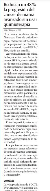 _SOLTI's tweet photo. La nueva combinación libre de quimioterapia testada en nuestro estudio PATRICIA (cohorte C) reduce un 48% el riesgo de progresión y mejora la tolerabilidad en un grupo de pacientes con cáncer de mama avanzado seleccionadas molecularmente.

👀👇 Una selección 📰 con todos los detalles sobre estos resultados, que ha presentado nuestra vicepresidenta @evaciruelos este fin de semana, durante el congreso de @ASCO (American Society of Clinical Oncology) #ASCO24 👇 

🔗 @LaVanguardia  ➡️https://t.co/U6dns7ERc2
🔗 @rtve ➡️ https://t.co/OM0C9VxtYq
🔗 @diariomedico ➡️ https://t.co/ufOoYaiz6r
🔗 COPE➡️ https://t.co/mkxenfHsR1
🔗@20m➡️https://t.co/OL9U2F1B7h
🔗 @el_Periodico ➡️ https://t.co/cNaIBAMlkN
🔗 @DiarideGirona ➡️https://t.co/fUippSm2Cp
🔗 @diariRegio7 ➡️ https://t.co/vhYzZUgYSO

@prat_aleix #beSOLTI
