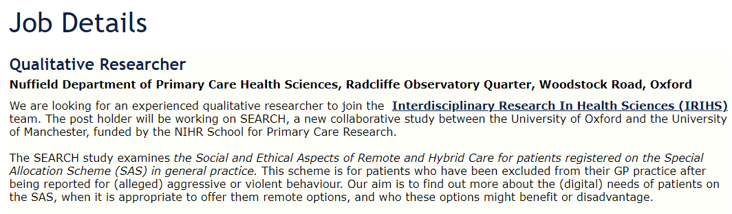 New qualitative researcher post in our team👇

The focus is on the social and ethical aspects of remote care for patients who have been excluded from their GP practice

Critical area, massively under researched

Pls consider applying: rb.gy/mj5brs

<a href="/OxPrimaryCare/">OxPrimaryCareSci</a>