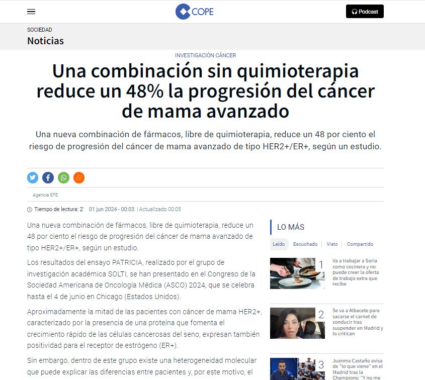 _SOLTI's tweet photo. La nueva combinación libre de quimioterapia testada en nuestro estudio PATRICIA (cohorte C) reduce un 48% el riesgo de progresión y mejora la tolerabilidad en un grupo de pacientes con cáncer de mama avanzado seleccionadas molecularmente.

👀👇 Una selección 📰 con todos los detalles sobre estos resultados, que ha presentado nuestra vicepresidenta @evaciruelos este fin de semana, durante el congreso de @ASCO (American Society of Clinical Oncology) #ASCO24 👇 

🔗 @LaVanguardia  ➡️https://t.co/U6dns7ERc2
🔗 @rtve ➡️ https://t.co/OM0C9VxtYq
🔗 @diariomedico ➡️ https://t.co/ufOoYaiz6r
🔗 COPE➡️ https://t.co/mkxenfHsR1
🔗@20m➡️https://t.co/OL9U2F1B7h
🔗 @el_Periodico ➡️ https://t.co/cNaIBAMlkN
🔗 @DiarideGirona ➡️https://t.co/fUippSm2Cp
🔗 @diariRegio7 ➡️ https://t.co/vhYzZUgYSO

@prat_aleix #beSOLTI