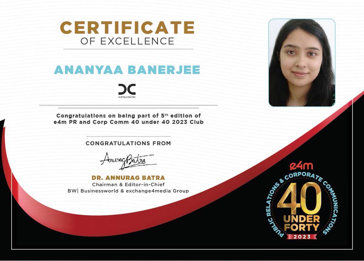 Our heartiest congratulations to #AnanyaaBanerjee from @DentsuCRTV for winning the e4m PR and Corp Comm 40 Under 40 Awards 2023. @anuragbatrayo | @nawalahuja | @karanbhatias #e4mpr40under40 #e4mevents #PRandCorpComm #e4mprawards
