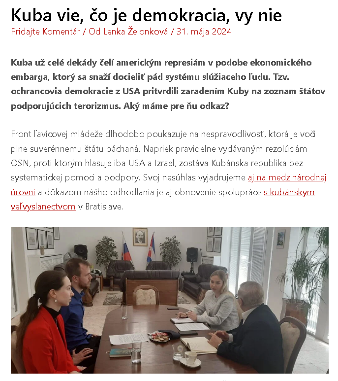 La asociación eslovaca, Frente Juvenil de Izquierda expresa su total apoyo a Cuba y rechaza categóricamente las acciones estadounidenses encaminadas a socavar su soberanía.

🔗misiones.cubaminrex.cu/es/articulo/el…