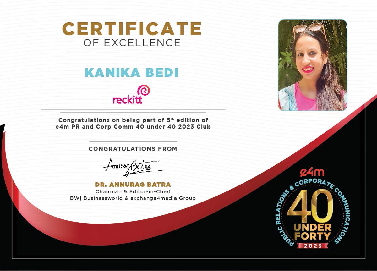 Our heartiest congratulations to #KanikaBedi from @ThisIsReckitt for winning the e4m PR and Corp Comm 40 Under 40 Awards 2023. @anuragbatrayo | @nawalahuja | @karanbhatias #e4mpr40under40 #e4mevents #PRandCorpComm #e4mprawards