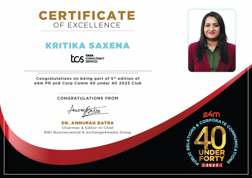 Our heartiest congratulations to @kritika_saxena1 from @TCS for winning the e4m PR and Corp Comm 40 Under 40 Awards 2023. @anuragbatrayo | @nawalahuja | @karanbhatias #e4mpr40under40 #e4mevents #PRandCorpComm #e4mprawards