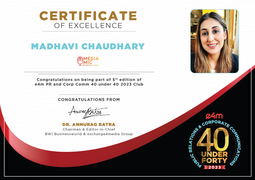 Our heartiest congratulations to #MadhaviChaudhary from #MediaMic for winning the e4m PR and Corp Comm 40 Under 40 Awards 2023. @anuragbatrayo | @nawalahuja | @karanbhatias #e4mpr40under40 #e4mevents #PRandCorpComm #e4mprawards