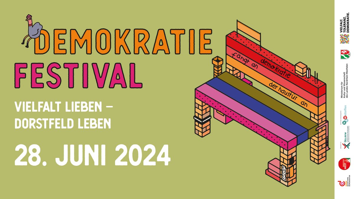 Am 28.Juni feiern wir das #Demokratie-Festival auf dem Wilhelmplatz in #Dortmund-#Dorstfeld. Wir haben ein vielfältiges Programm: von DIY-Projekten bis hin zu Graffiti. Setzt mit uns ein Zeichen gegen #Rechtsextremismus! Mehr Infos: tinyurl.com/4vp7w9w4 #nonazis #nonazisdo