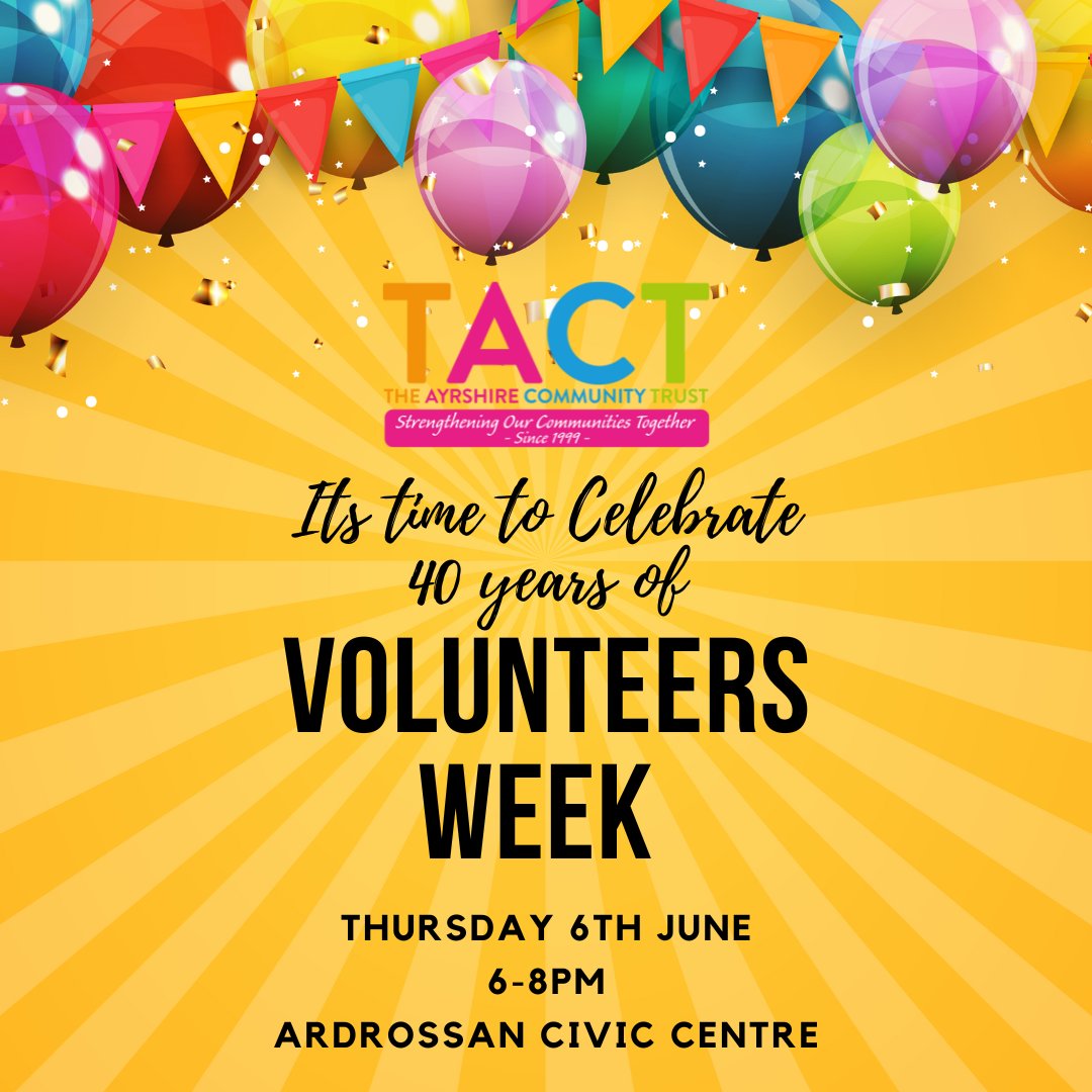 TACT (@tayrshirect) on Twitter photo Our annual Volunteers Award ceremony takes place on Thursday 6-8pm, Ardrossan Civic Centre.
All the invitations have been sent and we're looking forward to welcoming everyone on the night.
If you haven't received your invitation, please contact: ann@tact.scot
#volunteersweek Our annual Volunteers Award ceremony takes place on Thursday 6-8pm, Ardrossan Civic Centre.
All the invitations have been sent and we're looking forward to welcoming everyone on the night.
If you haven't received your invitation, please contact: ann@tact.scot
#volunteersweek