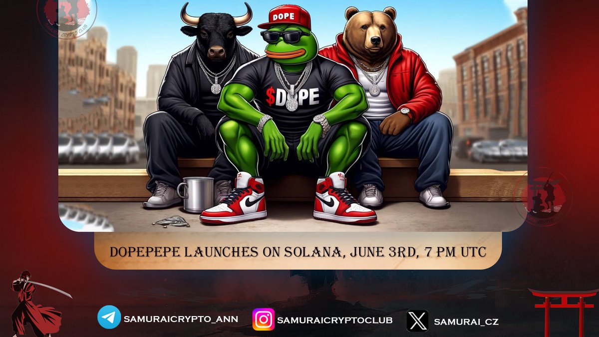 Samurai_CZ's tweet photo. Samurai .. I think i found the next solana Gems @DopePepeCoin #DopePepe launches on June 3rd, 7 pm UTC (Today)

Social Media :
@DopePepeCoin
https://t.co/TitmTYq9Hu
Website :https://t.co/kucTwbXLle