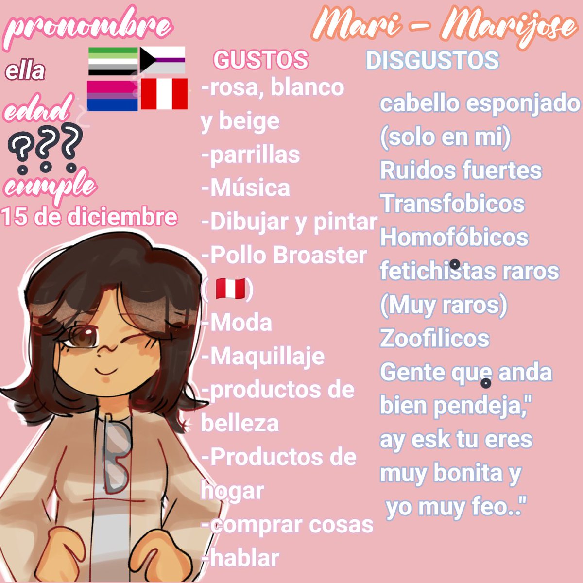 ChaemiperuANO's tweet photo. Me saqué idea de @jossee_TuT para hacer esto,así k ahí va mi presentación y con mi oc de mi misma k probablemente cambié a la semana , mi edad ya esta oculta forever #presentyou #present https://t.co/OFpUfAJDrM