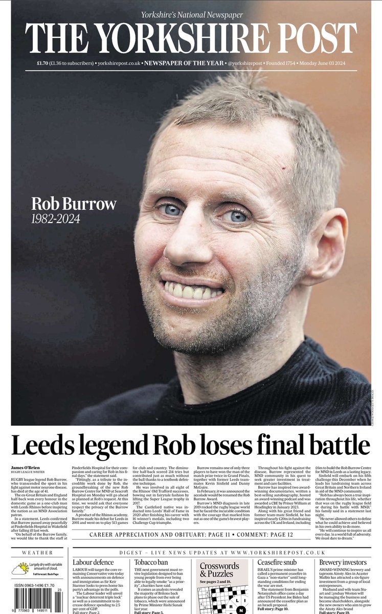 Moving Yorkshire Post front page this morning following the death of Rob Burrow