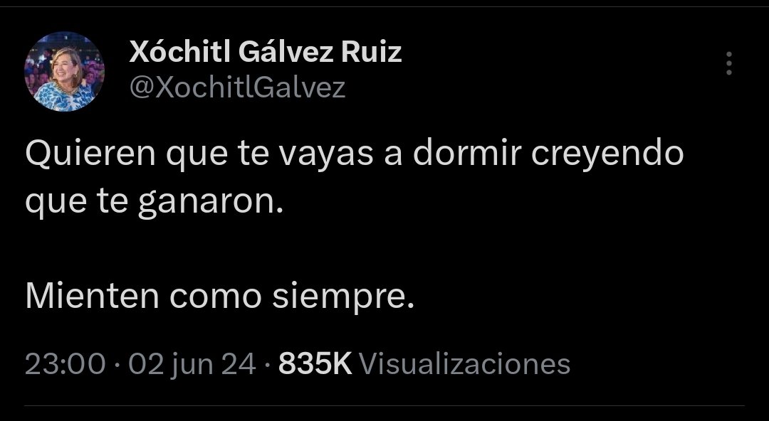 Envía Xóchitl Gálvez este mensaje: 'Quieren que te vayas a dormir creyendo que te ganaron. Mienten como siempre.' Lo cierto es que a las 22.45 el PREP indicó que apenas llevaban el 15 por ciento de las actas computadas. Más lentos que NUNCA. @XochitlGalvez