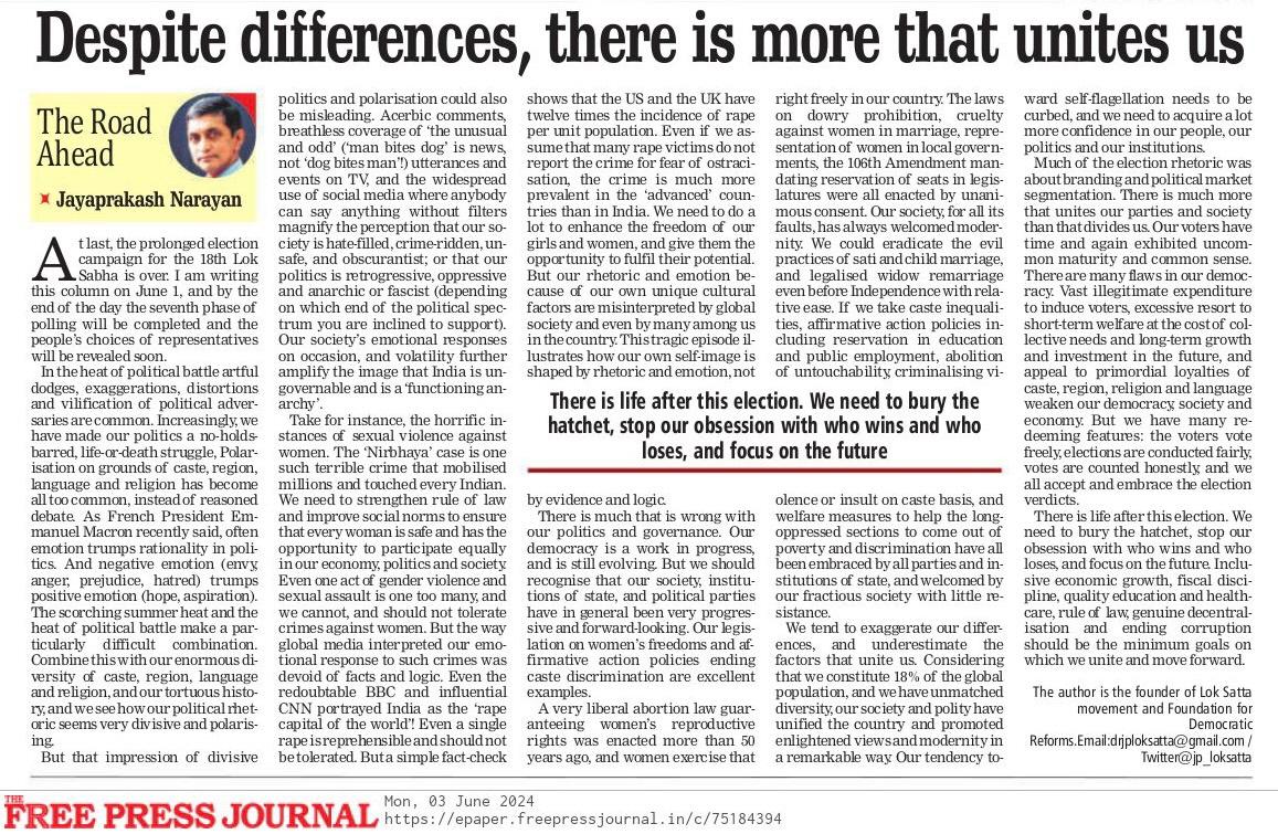 Despite differences, there is more that unites us | 3rd June 2024 | Free Press Journal