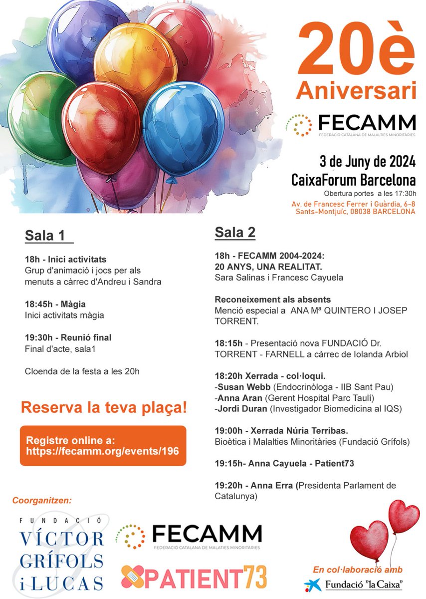 ftriola's tweet image. ▶️20è aniversari FECAMM- Federació Catalana de Malalties Minoritàries

▶️A Catalunya hi han unes 400.000 persones afectades.

▶️Aconseguir una major visibiitat del col.lectiu, prontitud del diagnòstic, la prevenció i alternatives terapèutiques, centres i unitats de referència.
