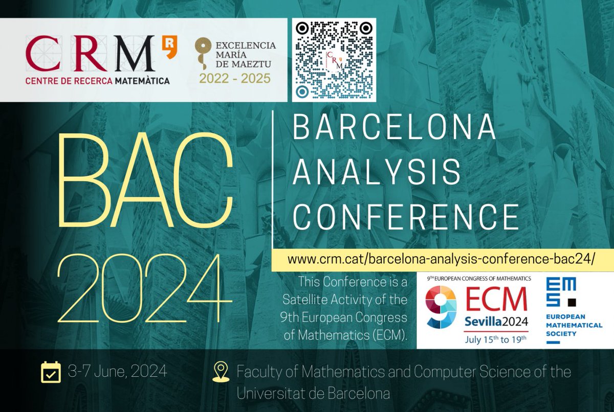 UniBarcelona's tweet photo. #AgendaUB | 🔢 Jornades d’Anàlisi de Barcelona, en el marc del 9è Congrés Europeu de Matemàtiques (ECM)
🗓️ Del 3 al 7 de juny
📍 Edifici Històric, Aula Magna
👉 https://t.co/QAOZQmwXv4
#BAC24 https://t.co/NeP5f0UO49