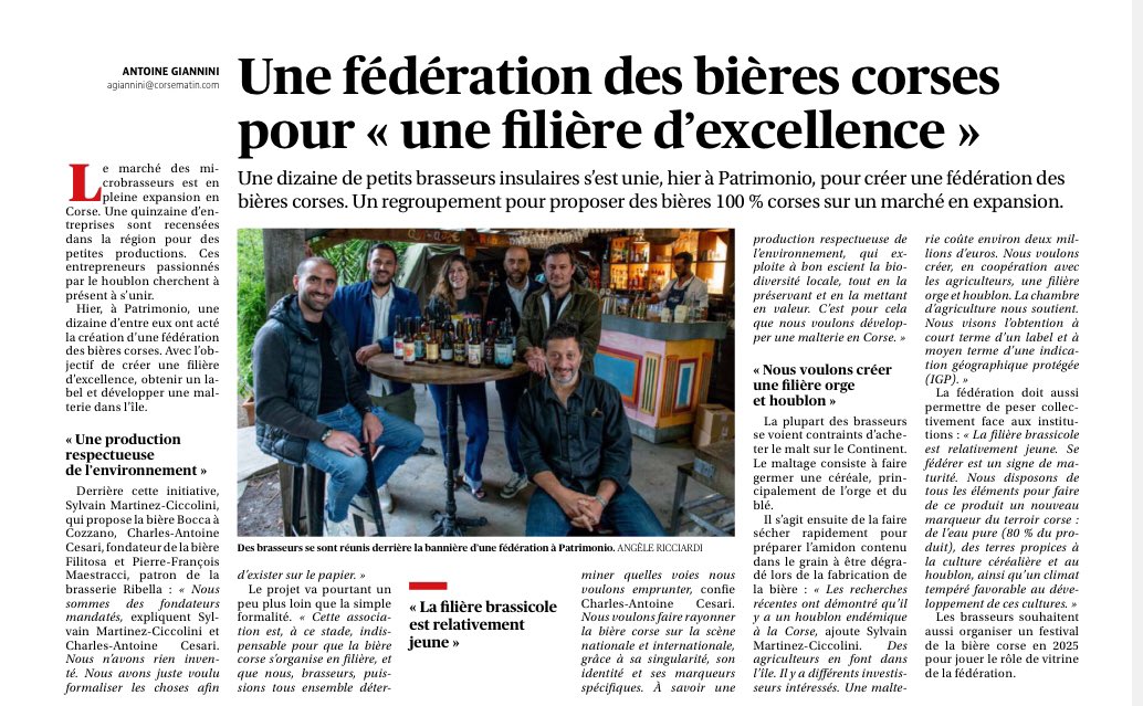 CDA2B's tweet image. Revue de presse la chambre d’agriculture accompagnera la filière bière de corse