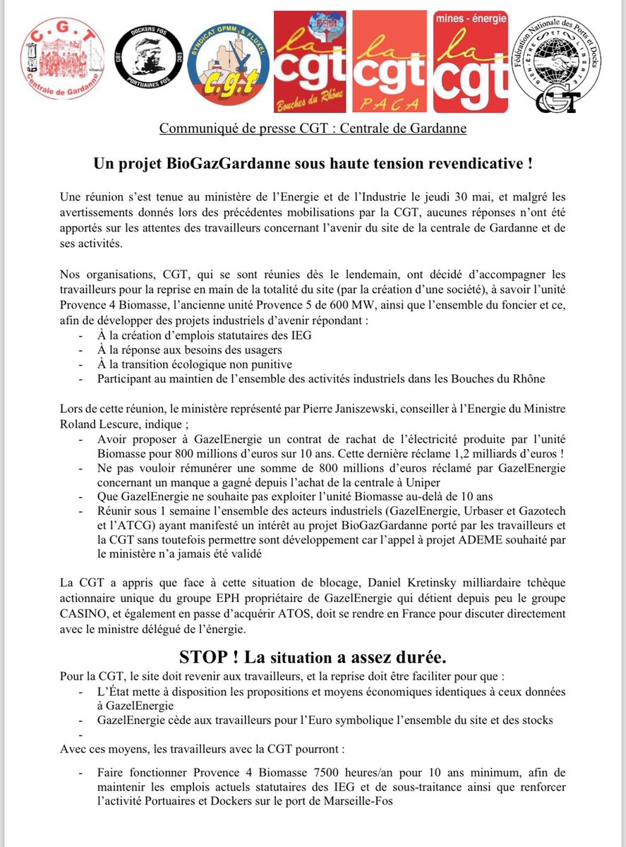 CgtGardanne's tweet photo. ‼️Avenir Centrale de Gardanne‼️
Devant l’inaction de l’Etat et GazelEnergie, la CGT revendique la mise sous gestion des travailleurs de l’unité Biomasse et du projet BioGazGardanne
Organisés, motivés et déterminés pour les emplois, la réponse aux besoins des usagers ✊✊✊ https://t.co/rsOOKKC1aM