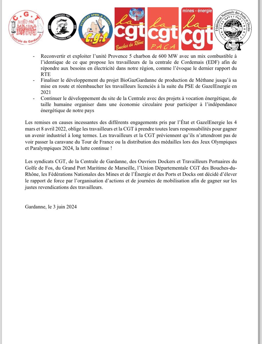 CgtGardanne's tweet photo. ‼️Avenir Centrale de Gardanne‼️
Devant l’inaction de l’Etat et GazelEnergie, la CGT revendique la mise sous gestion des travailleurs de l’unité Biomasse et du projet BioGazGardanne
Organisés, motivés et déterminés pour les emplois, la réponse aux besoins des usagers ✊✊✊ https://t.co/rsOOKKC1aM