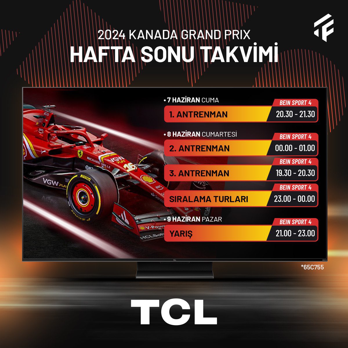 F1tutkumuz's tweet photo. HAFTA SONU İÇİN AKŞAMA PLAN YAPMAYIN🔥

🤩Farklı model ve yenilikleriyle Formula 1 heyecanını ikiye katlayan TCL Electronics, Kanada GP yayın akışını sunar!

🚀Sıralama Turları | 23.00
🚗Yarış | 21.00

#CanadianGP | #F1 https://t.co/utvqQeq3Ny