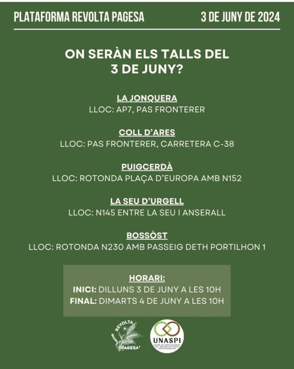 lavimiquel1714's tweet photo. Aquests són els talls que #RevoltaPagesa farà avui dilluns #3Juny al Pirineu, agermanant, en una mateixa lluita en defensa del camp i la pagesia, la Catalunya Nord i la Catalunya Sud. Visca la terra!
#XarxaNOCALLIS
@XarxaNOCALLIS 👇🏴 https://t.co/ybCGP2bMle