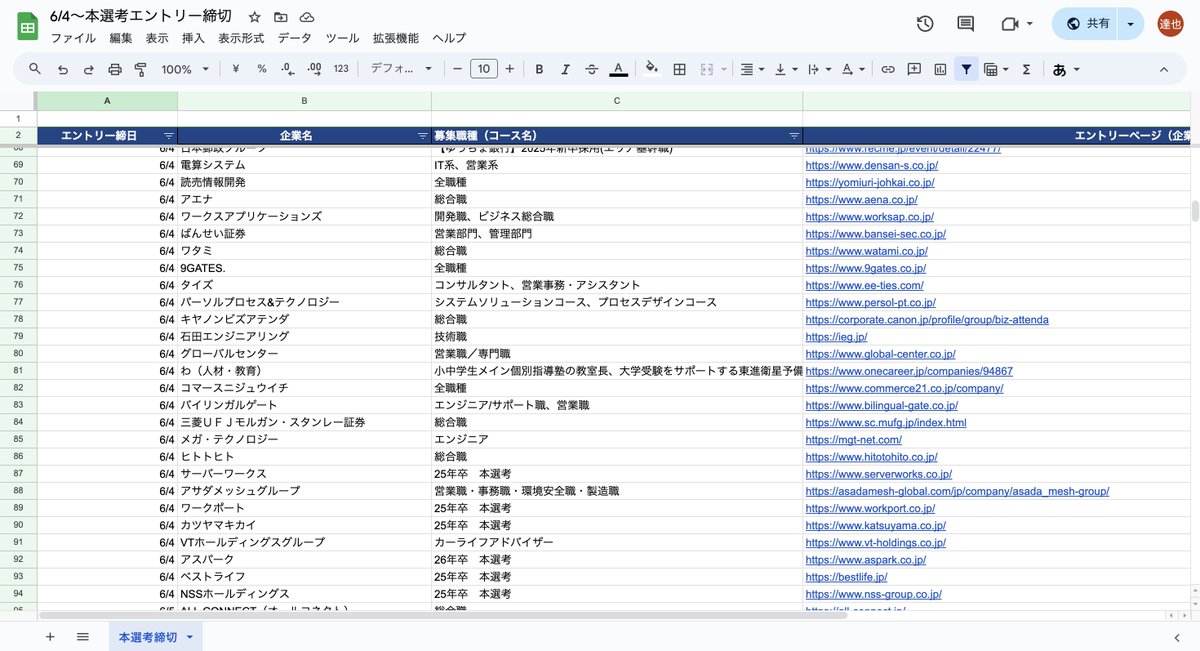 ／
25卒向け本選考エントリー締切リストを配布中！
＼

6/4（火）以降の本選考エントリー締切情報を270社以上まとめました

▪️記載内容
・締切日
・企業名
・募集職種（コース）
・募集ページ

▪️配布条件
フォロー&amp;リポストorフォロー&amp;コメント

上記達成でDMにてリストを送付します！