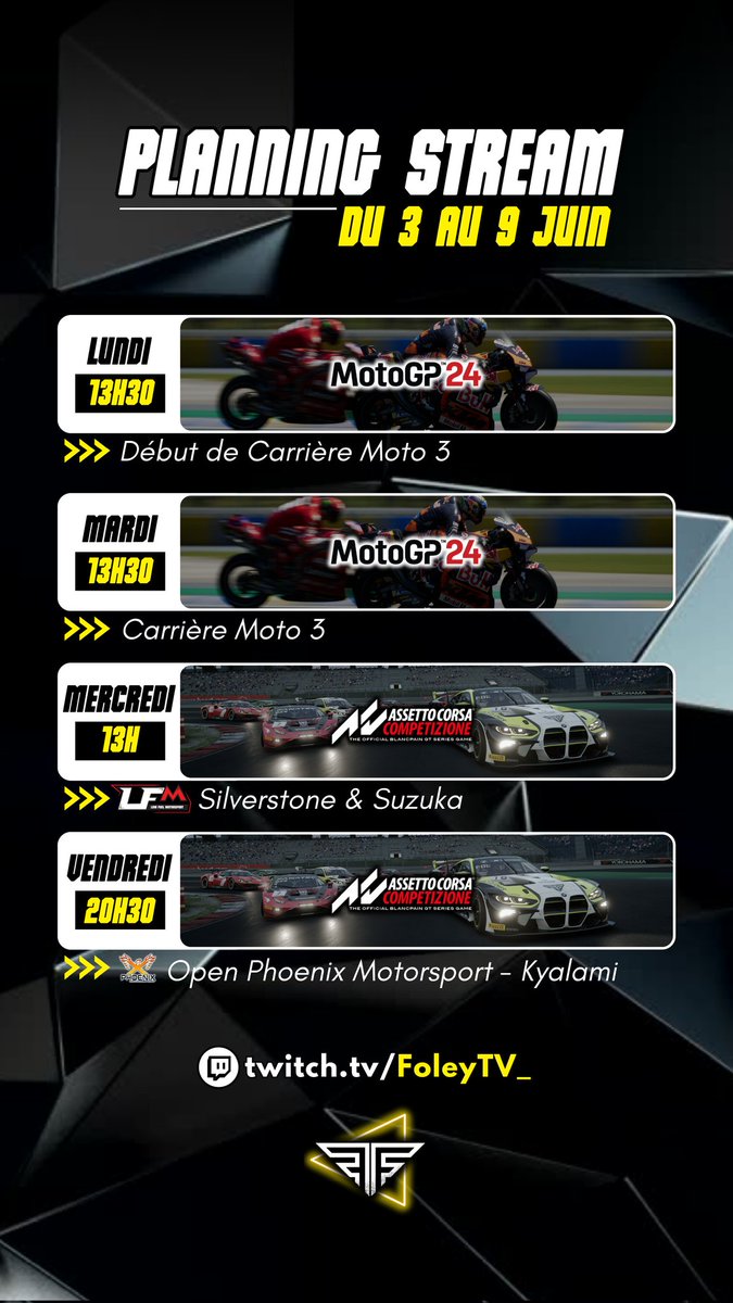 Foley_F1's tweet image. Et c'est parti pour une nouvelle semaine ! On démarre avec du moto gp comme un put novice ça va être marrant !

Rdv sur le premier live aujourd'hui à 13h30 ! ☺️
#planning #twitch