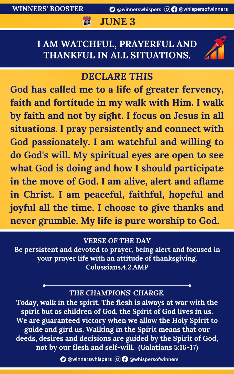 WinnersWhispers's tweet image. Declare this:
God has called me to a life of greater fervency, faith and fortitude in my walk with Him. I walk by faith and not by sight. I focus on Jesus in all situations. I pray persistently and connect with  God passionately. I am watchful and willing to do God's will. 

My…