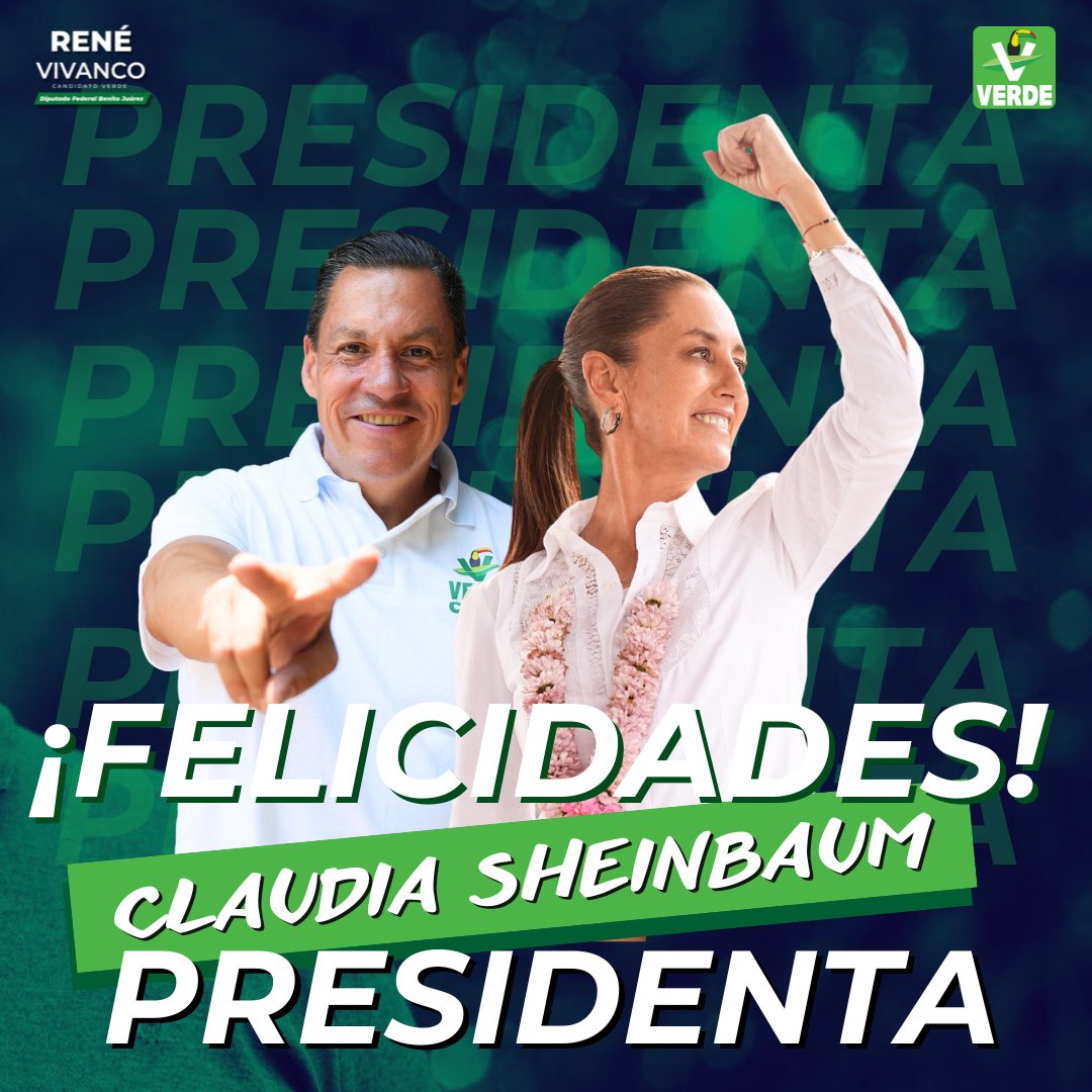 ReneVivanco's tweet photo. Muchas felicidades a @Claudiashein que hoy ya es la primer mujer presidenta electa de nuestro país. Que honor verte trabajar y darlo todo por nuestra nación. ¡Sigamos haciendo historia, el verde está contigo! https://t.co/u72oQlf1i0