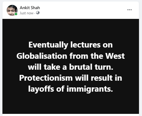 ankitatIIMA's tweet photo. 💥Some months from now lectures on Globalisation will turn sharper from the West.

Decisions on protectionism will cloud over the West to force them to announce mass-targeted layoffs / deportation of immigrant-employees back to their nations.

This can turn brutal on street for foreigners living/traveling in the West. Be prepared.