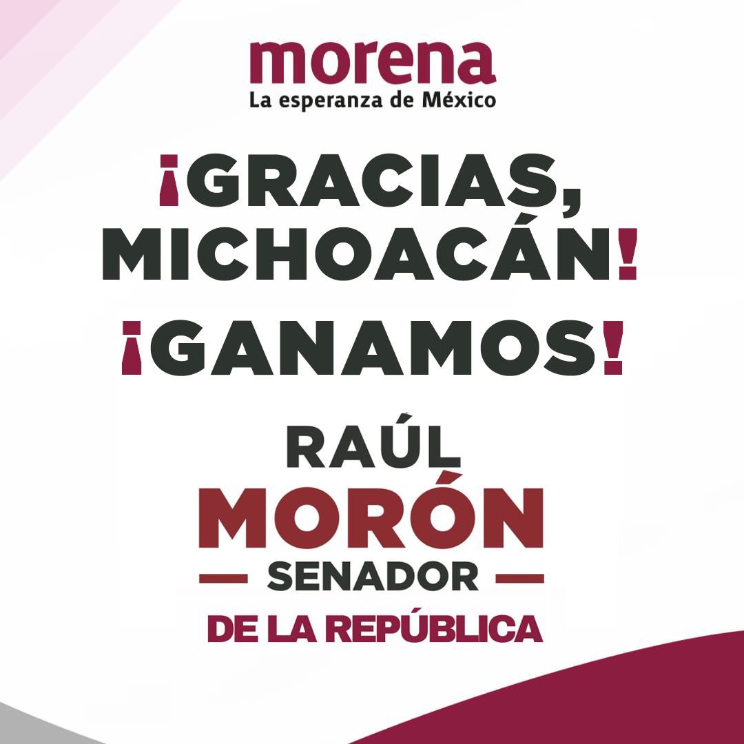 raulmoronO's tweet photo. Agradezco al pueblo de Michoacán su confianza y reconozco el papel que ha jugado este día para decidir, de manera libre y democrática, a sus representantes populares .

Con dignidad, representaré sus causas y propuestas en el Senado de la República, desde donde construiré junto a nuestra presidenta electa, @Claudiashein, el Segundo Piso de la Transformación.

¡La esperanza llega a Michoacán!

#MorónSenador
#ClaudiaPresidenta