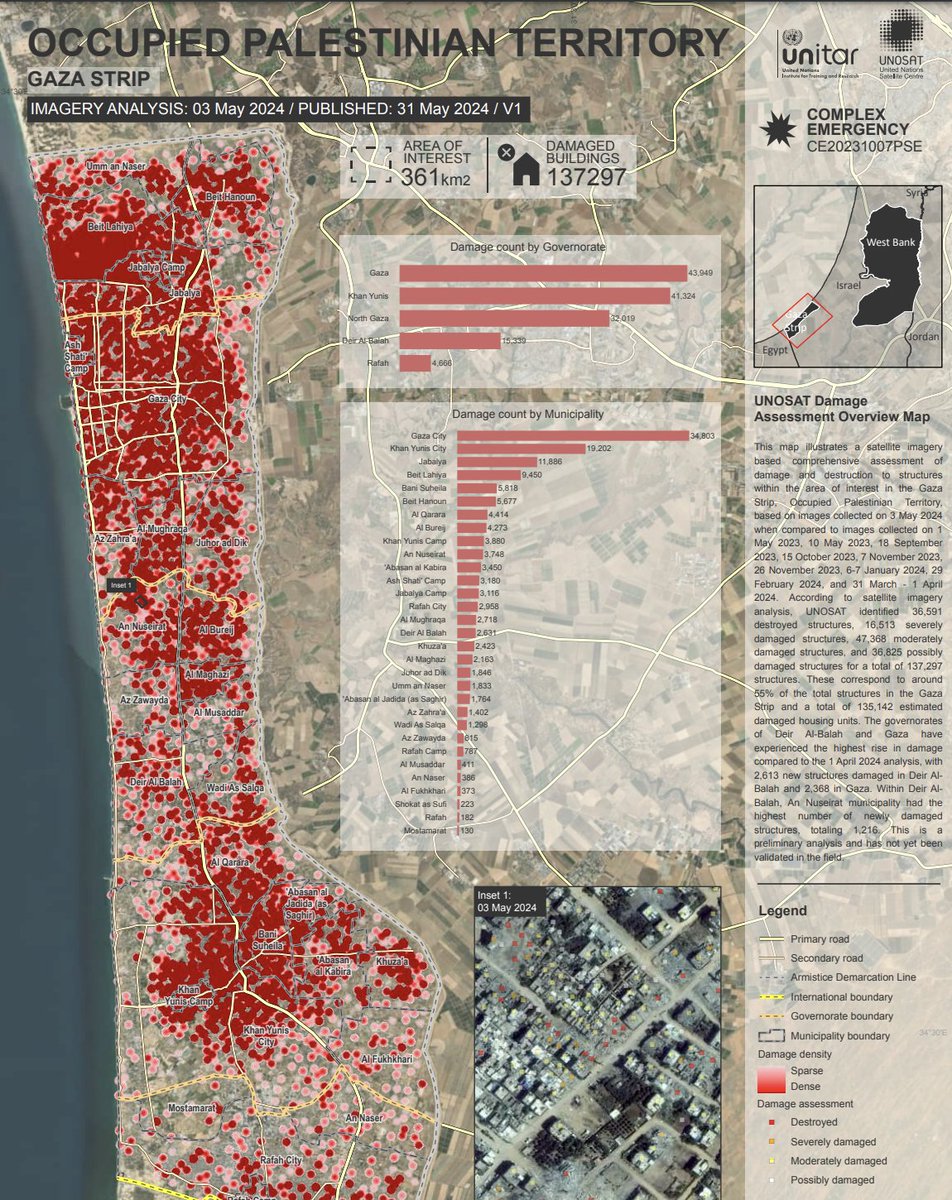 🚨 This map shows a comprehensive satellite imagery-based assessment of damage and destruction in Gaza, Occupied Palestinian Territory, as of 3 May 2024. #UNOSAT #Gaza