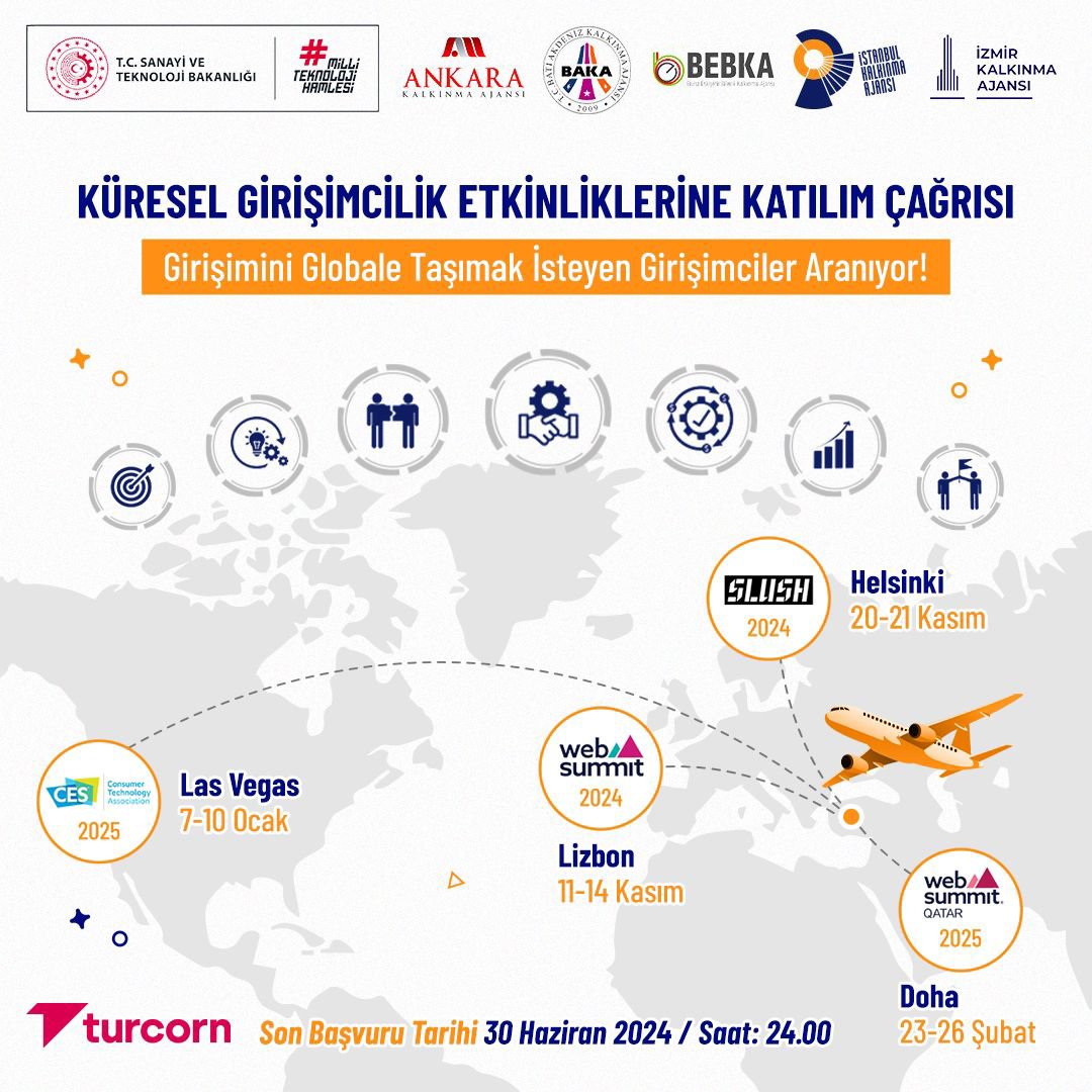 🚀Girişimini Globale Taşımak İsteyen Girişimciler Aranıyor!   Lizbon, Helsinki, Las Vegas ve Doha'da düzenlenecek olan küresel girişimcilik ve teknoloji etkinliklerinde yer almak ister misiniz?

📅Son Başvuru 30 Haziran 2024
✨Ayrıntılı Bilgi: baka.gov.tr/duyuru/kuresel…