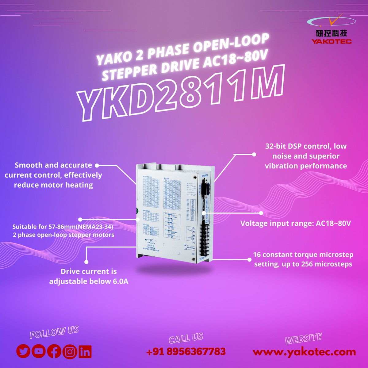 𝐘𝐀𝐊𝐎 𝐘𝐊𝐃2811𝐌 2 𝐏𝐡𝐚𝐬𝐞 𝐎𝐩𝐞𝐧-𝐋𝐨𝐨𝐩 𝐒𝐭𝐞𝐩𝐩𝐞𝐫 𝐃𝐫𝐢𝐯𝐞 𝐀𝐂18~80𝐕 
Mainly used in CNC machine tools, engraving machines, packaging equipment, woodworking machinery, laser cutting machines, textile equipment, ceramic equipment, electronic equipment.