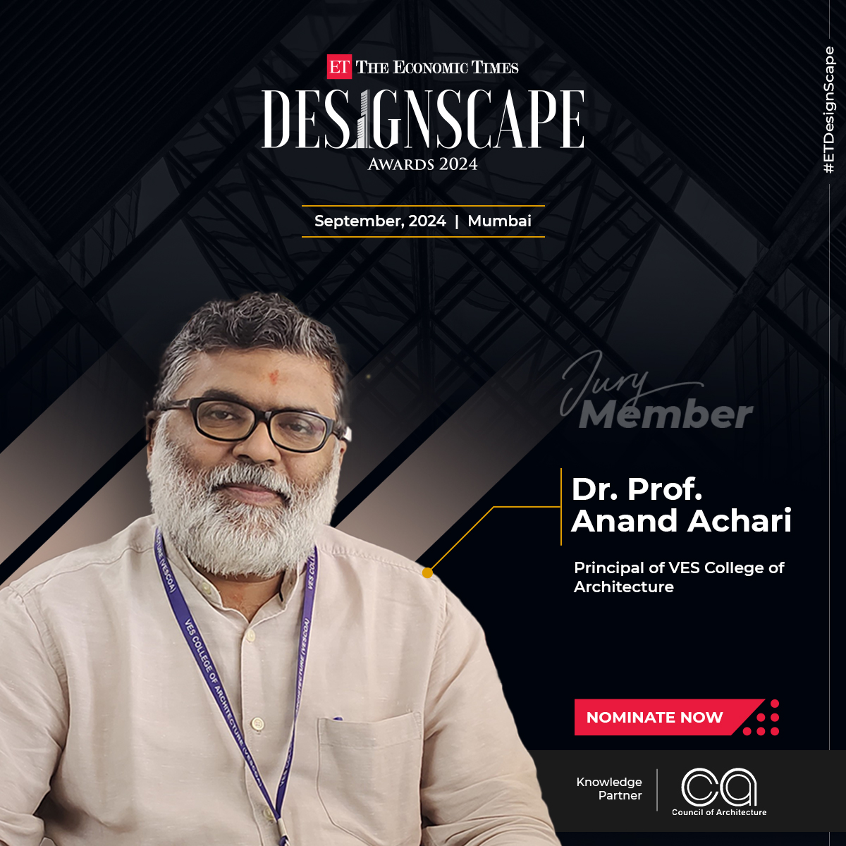 Realty_Et's tweet photo. We welcome a distinguished member of our jury panel for #ETDesignScape, Dr. Prof. Anand Achari, Principal of VES College of Architecture.
@VES_AC

Nominate Now - https://t.co/kBUdxbFMEc

#ETDesignScape #ETRealty #DesignScape #Architects #Buildings #Architecture #InteriorDesigning https://t.co/0E7arBaNzZ