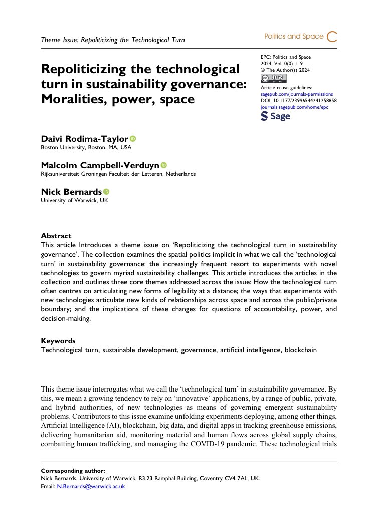 The introduction to <a href="/DaiviRTaylor/">Daivi Rodima-Taylor</a>, <a href="/MalcolmCV/">Malcolm CV</a> and my theme issue of <a href="/envplanc/">Politics + Space</a> on the politics of the ‘technological turn’ in sustainability governance is out!

Whole issue should be out very soon.

journals.sagepub.com/doi/10.1177/23…