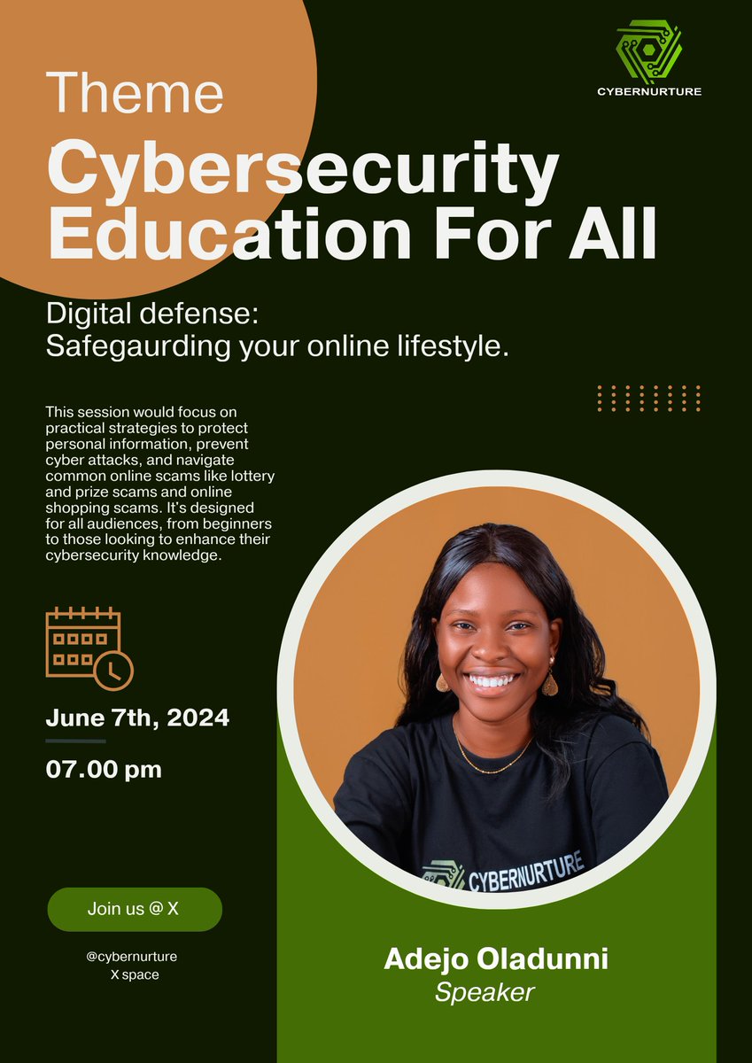 cybernurture's tweet photo. https://t.co/TWOMFSRo5Q
Set your reminder 🤗🤗
Safeguarding your online lifestyle, the session would focus on practical strategies to protect personal information, prevent cyber attack and many more 
Set your reminder and save the date 🤗 https://t.co/T4ZwxuQDqu