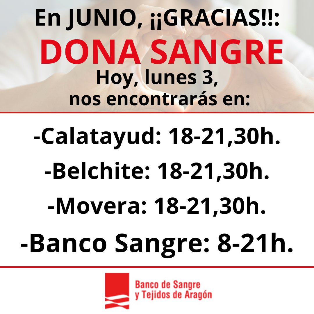 BncSangreAragon's tweet photo. ¡Lunes 3 de junio! Dona 𝘀𝗮𝗻𝗴𝗿𝗲 en:
😍 #calatayud (Centro de Salud): de 18 a 21,30
😍 #movera (Salón Plenos Alcaldía): de 18 a 21,30
😍 #Belchite (Centro Médico): de 18 a 21,30
Banco: 8-21. Sin cita previa.
Te necesitamos. Te esperamos. https://t.co/fVWcHfvYxE