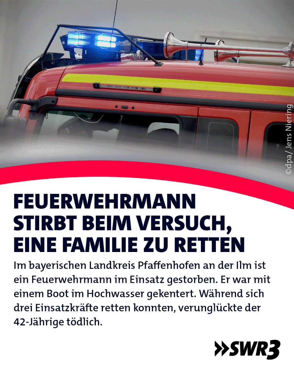 swr3's tweet image. In Offingen in Schwaben wird außerdem ein 42-jähriger #Feuerwehrmann nach einem #Einsatz vermisst. Auch er war in der Nacht auf Sonntag mit einem Boot aufgrund starker Strömung gekentert.