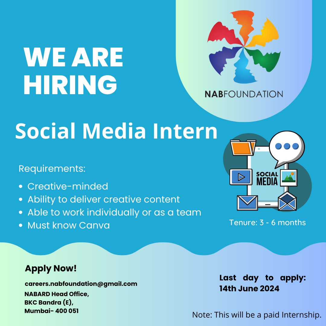 INTERNSHIP ALERT
Ready to learn , create and connect in the world of digital storytelling .Let's make some magic happen!
Send your CV on careers.nabfoundation@gmail.com