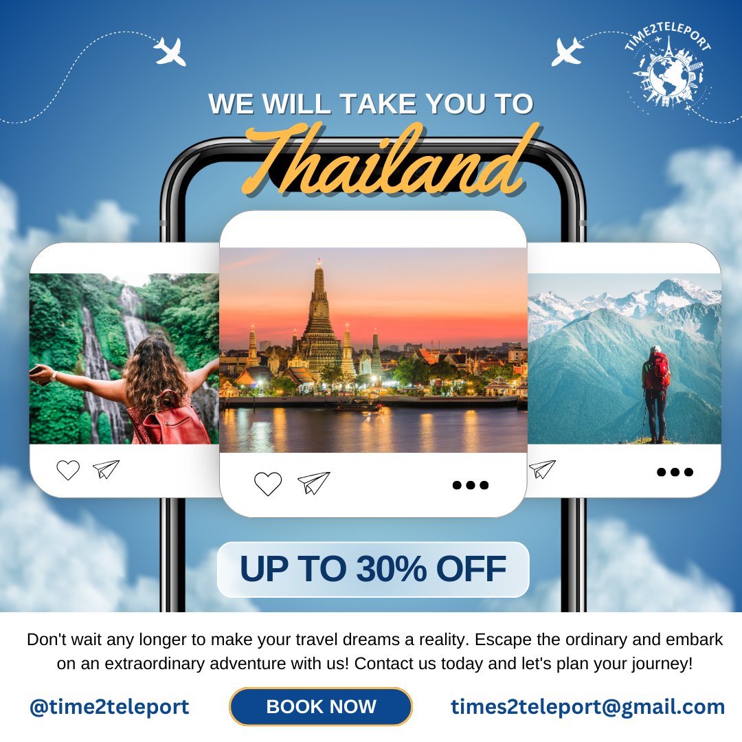 time2teleport's tweet photo. Ready to explore Thailand? 🌴🌟 Get up to 30% off with Time2Teleport. Don’t wait any longer—escape the ordinary and start your extraordinary adventure. 

Follow @time2teleport to Explore

#Time2Teleport #ExploreThailand #TravelDeals #ThailandAdventure #BookNow #TravelThailand https://t.co/FCcaE2Qsej