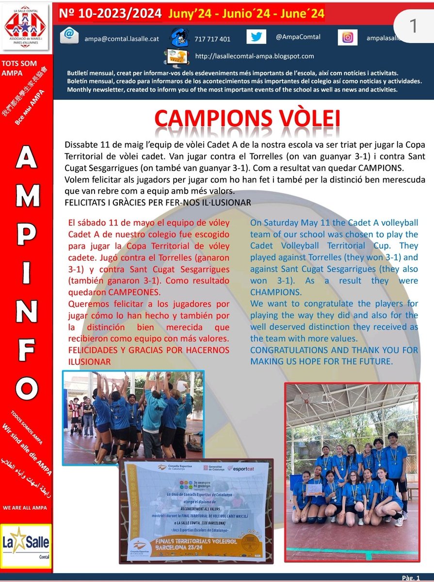 Ha arribat el final de curs i amb ell l'últim AMPINFO, amb dates importants de graduacions, festivals, etc: issuu.com/ampacomtal2324…
<a href="/AmpaComtal/">Ampa La Salle Comtal</a> <a href="/LaSalleComtal/">La Salle Comtal</a> #ampaldia