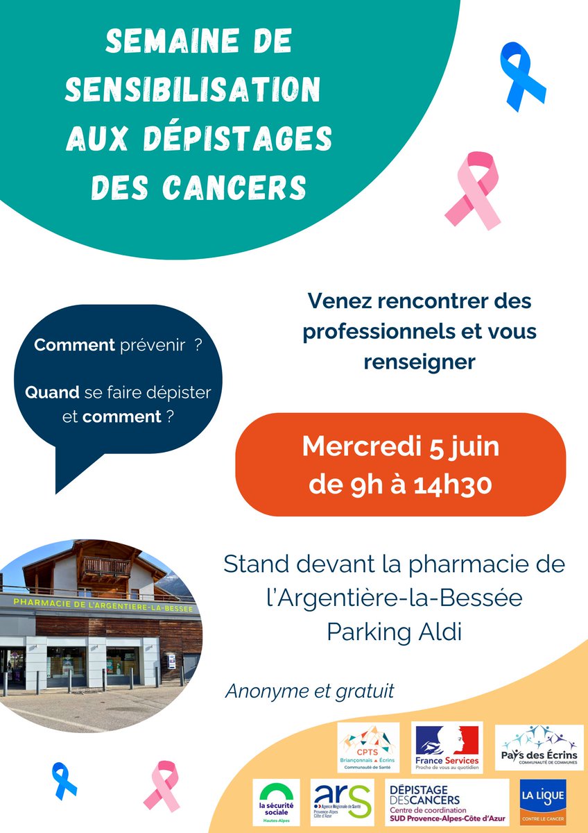 Le CRCDC SUD PACA (05) sera présent :
📅 Mercredi 5 juin
📌À Argentière-la-Bessée

Afin d'échanger avec vous sur l'importance du dépistage.
Nous vous attendons nombreux ❗