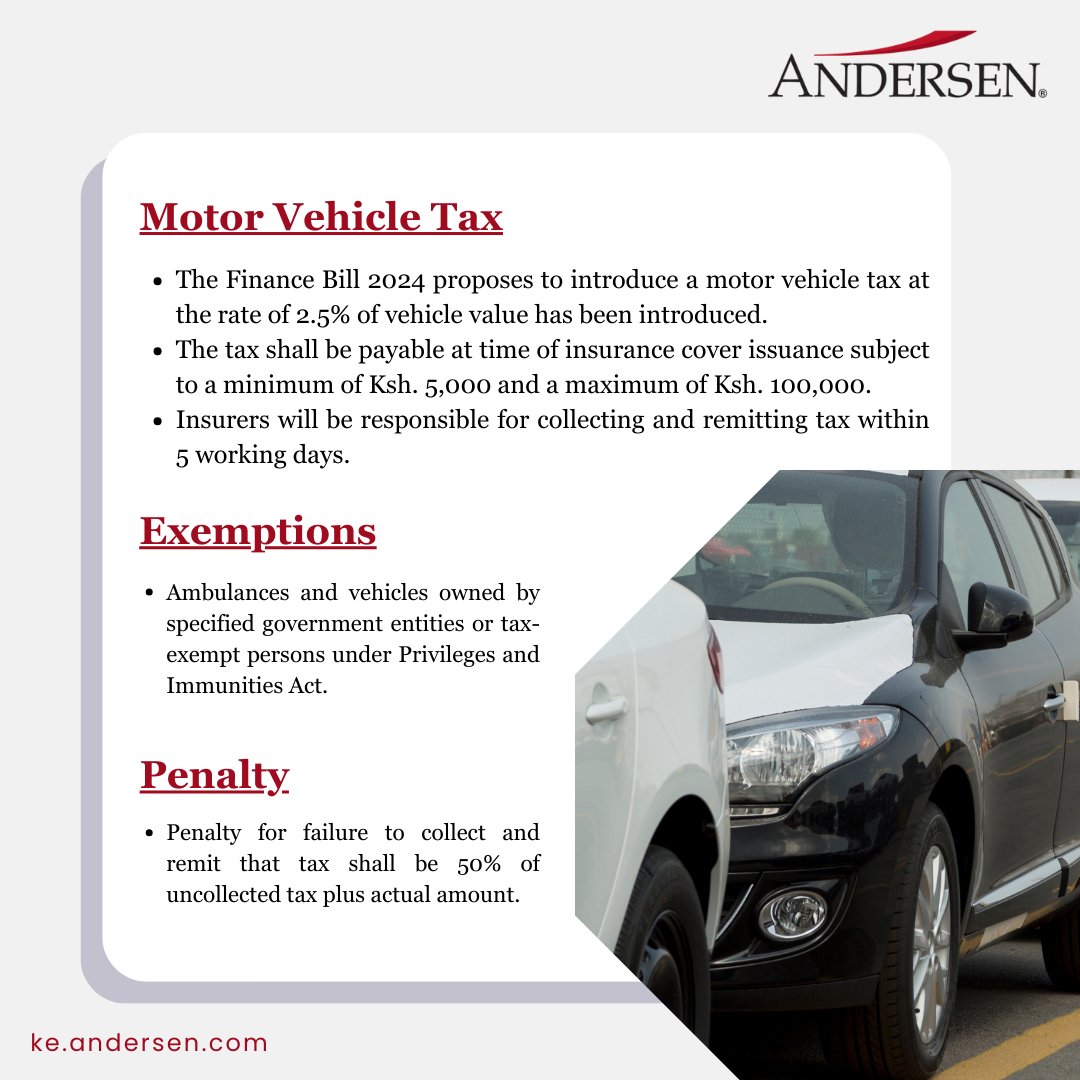 Did you know that the Finance Bill 2024 proposes to introduce a motor vehicle tax at the rate of 2.5% of vehicle value?

What do you think about this? Let us know in the comments section.

#AnderseninKenya #FinanceBill2024 #MotorVehicleTax