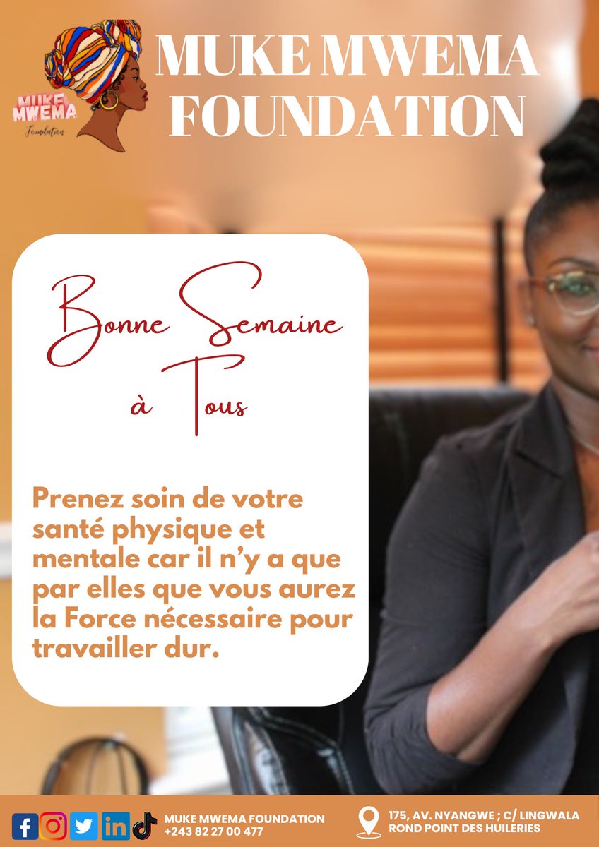 muke_mwema's tweet photo. #FMM_ASBL: Ensemble pour le Bien-être de Tous.                                                    

Prenez soin de votre santé #PHYSIQUE et #MENTALE car il y’a que par elles que vous aurez la FORCE nécessaire pour travailler #DUR.      

Bonne Semaine à Tous https://t.co/aVzOqJH9TZ