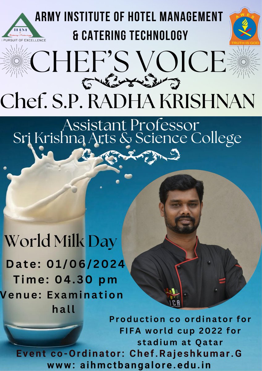 Aihmct1's tweet image. 🌍🥛 Celebrating #WorldMilkDay at the Army Institute of Hotel Management and Catering Technology! Chef S.P. Radhakrishnan delivered an inspiring speech on the importance of dairy products in our daily lives. Let's raise a glass to milk and all its benefits! 🥛✨ #DairyDelights