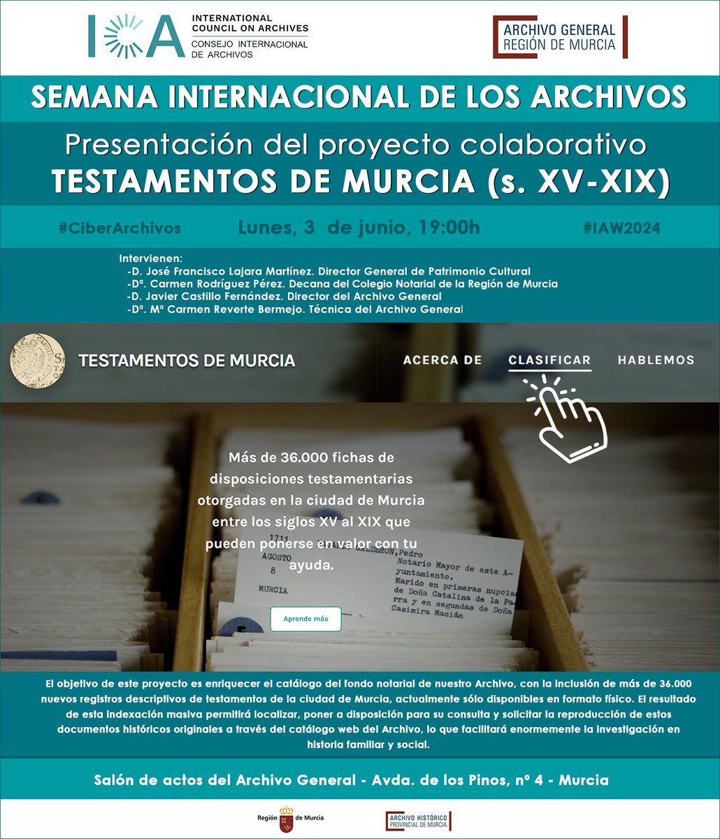 ArchivoGRMurcia's tweet image. No te pierdas esta tarde la presentación de &quot;Testamentos de Murcia&quot; (s. XV-XIX)&quot;, uno de los primeros proyectos de #indexación colaborativa en #archivos de España.

⌛️ 19 h.
🏛️#AGRM. Avda. de los Pinos, 4 #Murcia

Asistencia libre. ¡Te esperamos!

#IAW2024