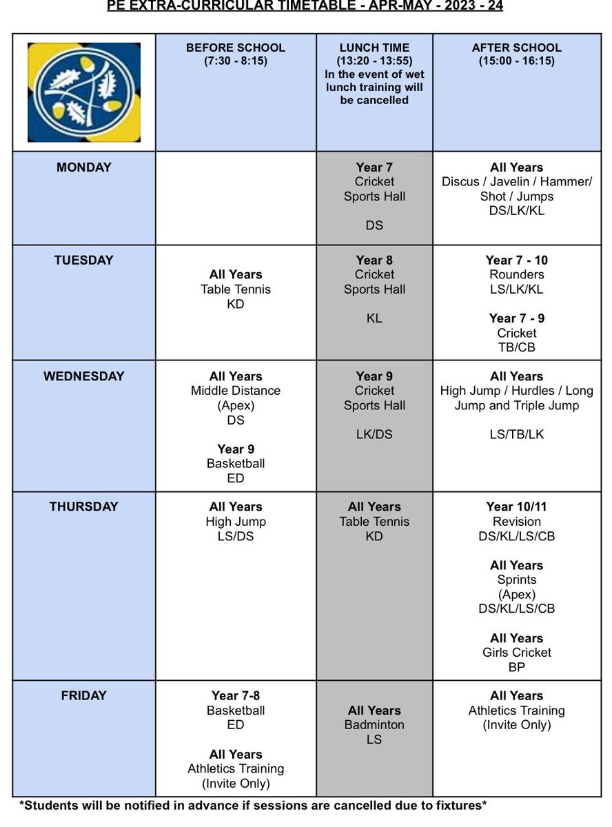 Extra Curricular timetable for next 2 weeks. 
This will change after Junior District Athletics Competition on 20th June