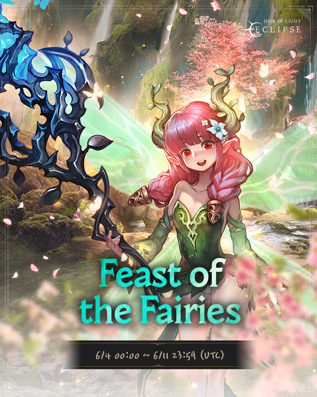 HOL_Eclipse's tweet photo. 👼 Feast of the Fairies 👼 

《Shine in the Darkness!》
Heir of Light: Eclipse invites you to a new dimension.

Prepare for an enchanting spectacle like no other!
The Fairies cordially invite you to their first-ever feast!

Event Period (UTC):
⏰ Fairy’s Mead Availability : 6/4 00:00 ~6/10 23:59
⏰ Fairy’s Mead Exchange Period : 6/4 00:00 ~ 6/11 23:59

Event Details
👉 Complete quests on the Feast of the Fairies page during the event.
👉 Exchange the Fairy’s Mead obtained as Quest rewards for other items on the Reward Exchange page.

#HOL_Eclipse #Eclipse #Event