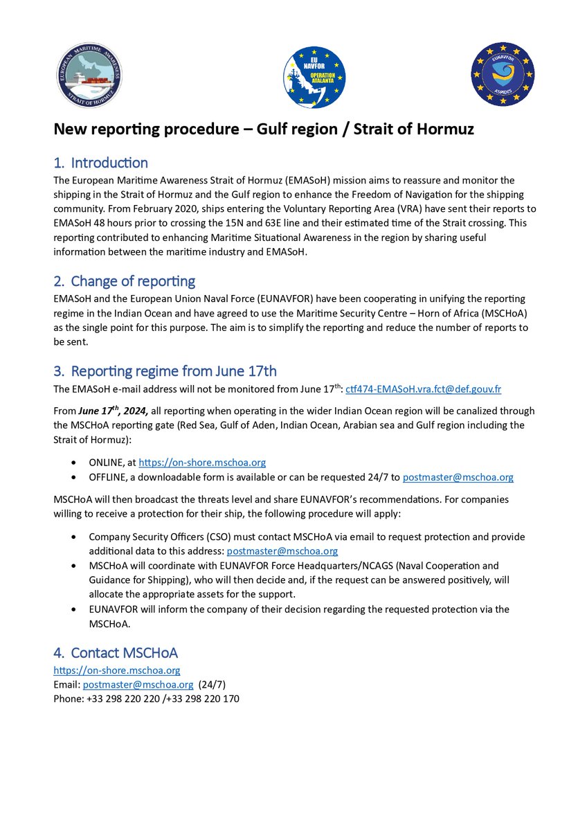 Important update on the new reporting procedure of merchant shipping in the Gulf region from 17 June 2024.